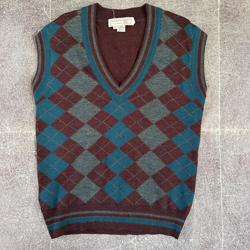 Men's Vintage 80's Tricots St. Raphael Argyle Wool Maroon Blue Sweater Vest Sz S